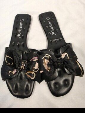 MUSSHOE Black Leather Slide Sandals Ribbon Bow Flat Size 7